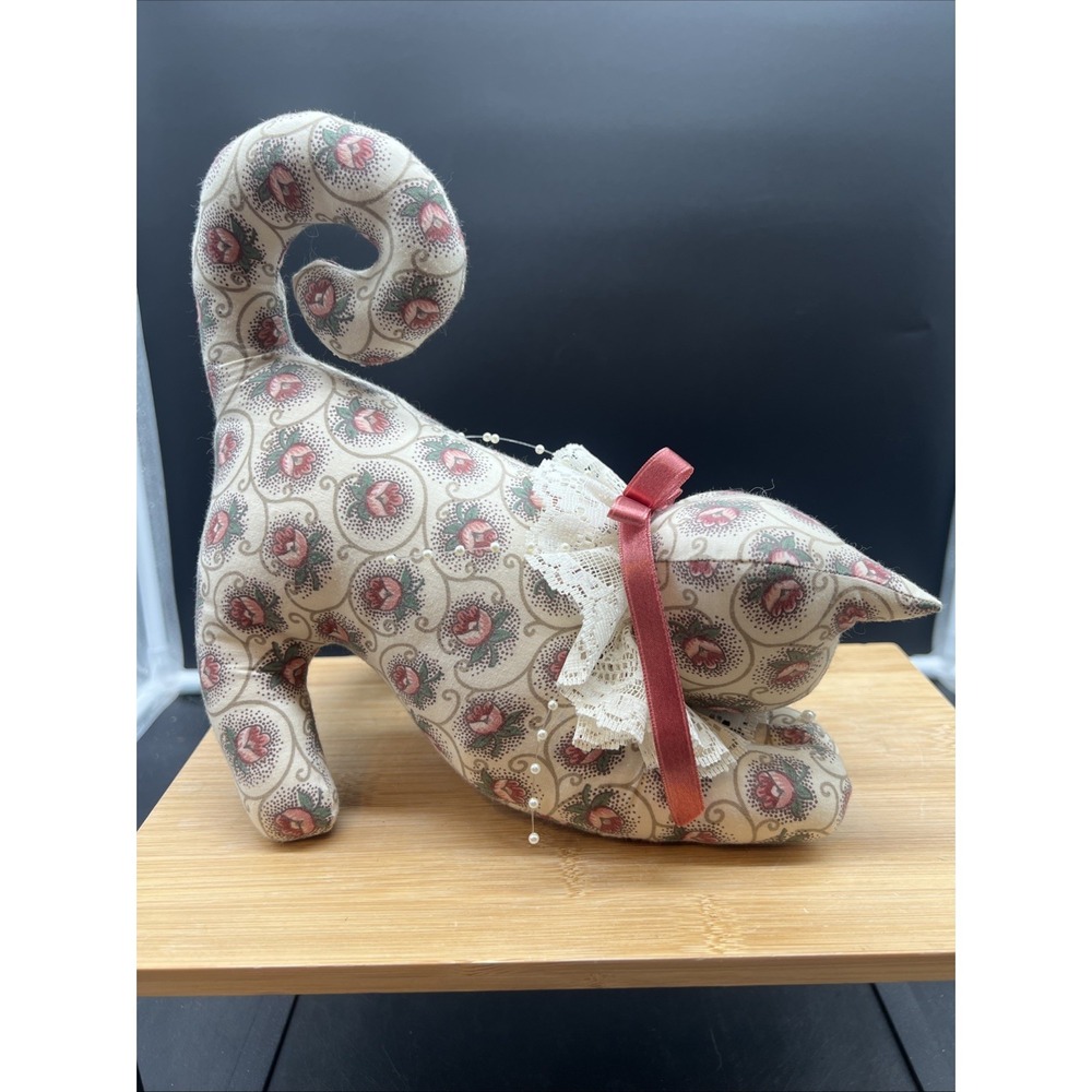 Cat Soft Sculpture Stuffed Kitten Fabric Pink Floral Vintage Door Stop Decor
